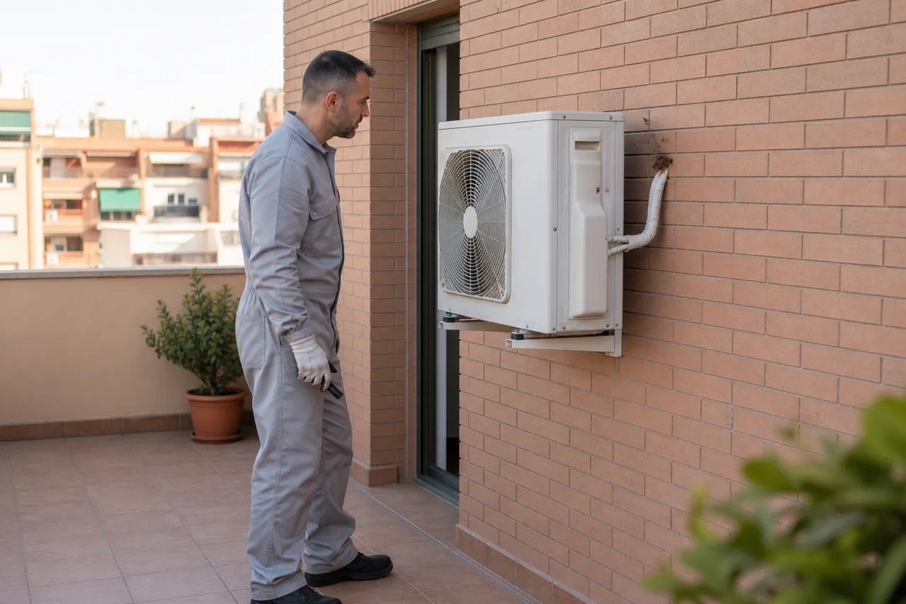 Técnico inspeccionando avispas junto a un aire acondicionado en Terrassa