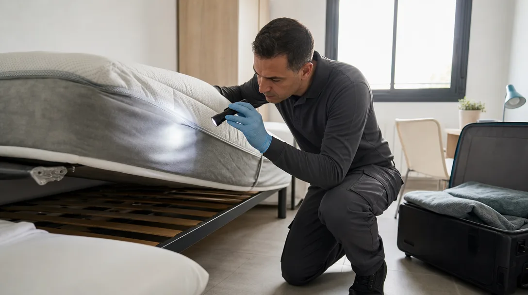 Técnico inspeccionando las costuras de un colchón en una habitación de estudiantes en Terrassa