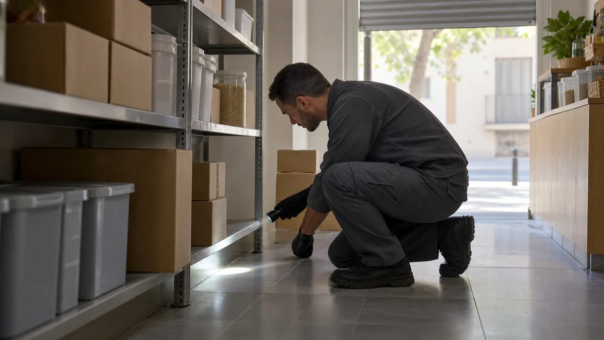 Técnico inspeccionando la parte baja de una estantería en un local de Terrassa