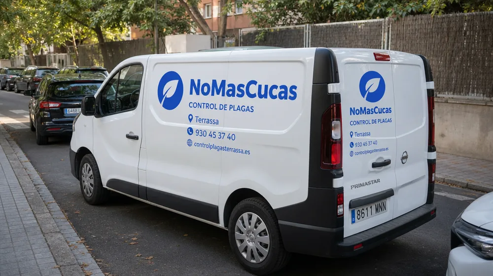 Furgoneta de NoMasCucas aparcada en una calle de Terrassa
